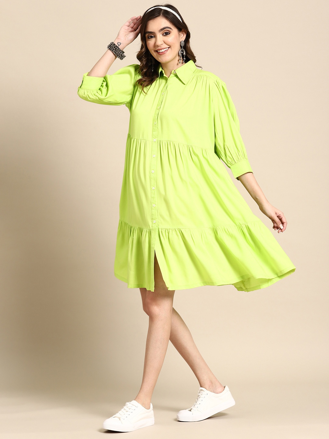 

Sangria Women Solid Tiered Shirt Dress, Lime green