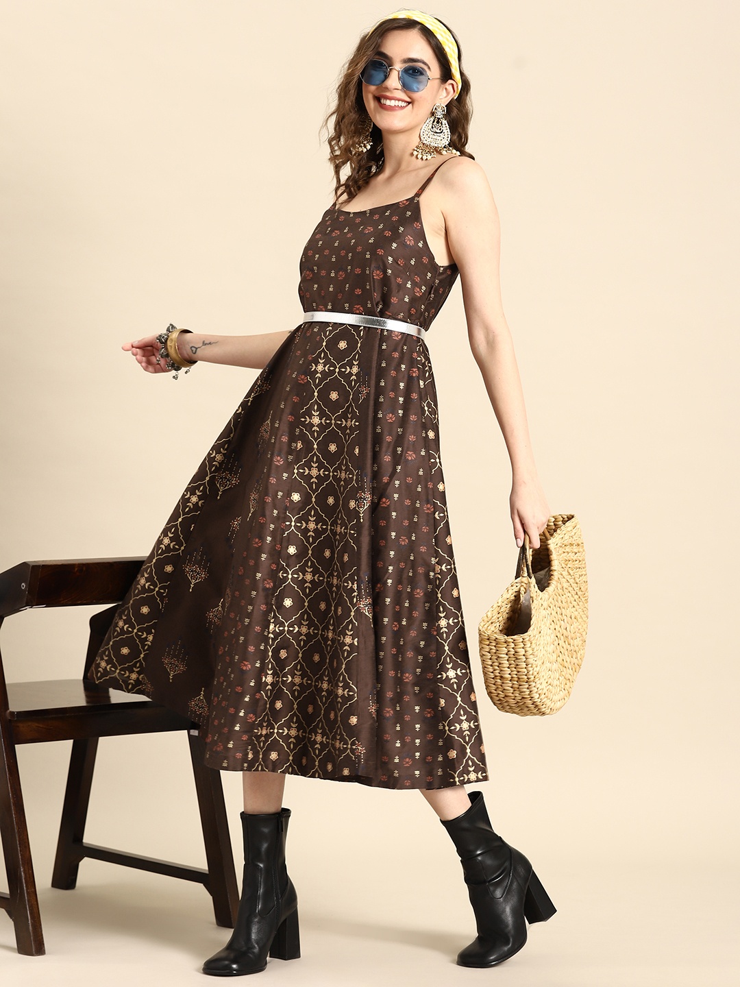 

Sangria Shoulder Straps A-line Ethnic Dress, Brown
