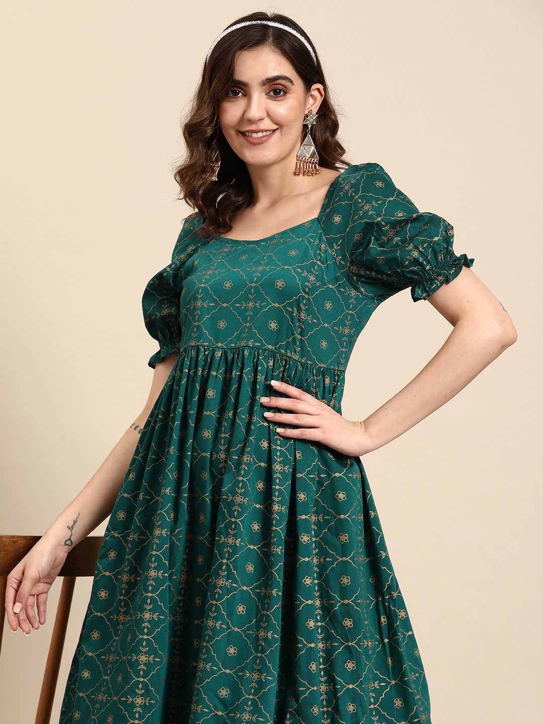 

Sangria Foil Print Midi A-Line Dress, Green