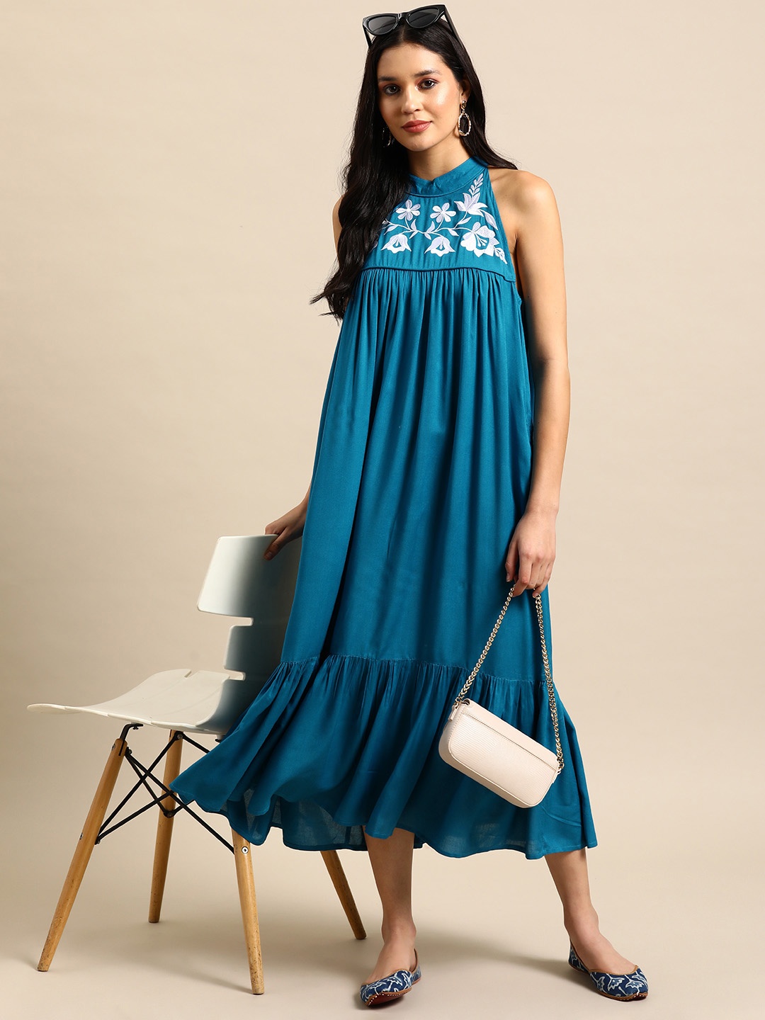 

Sangria Embroidered Pleated Ethnic A-Line Dress, Teal