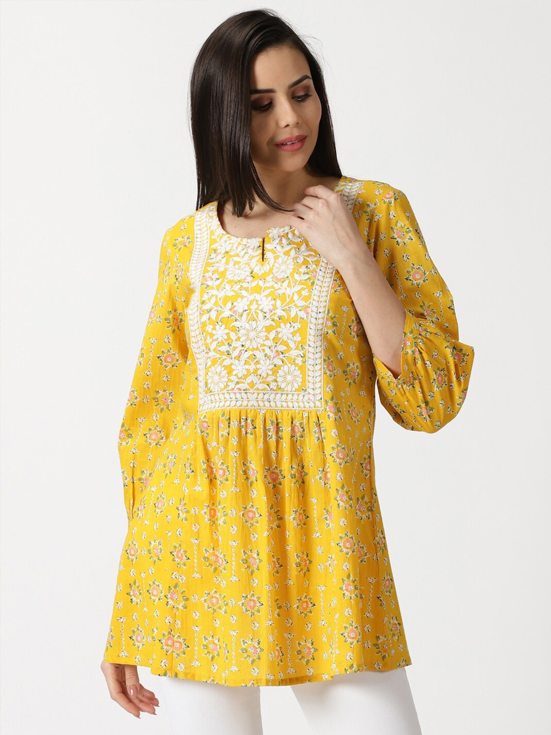 

Saffron Threads Chikankari Yoke Printed Cotton Tunic, Yellow