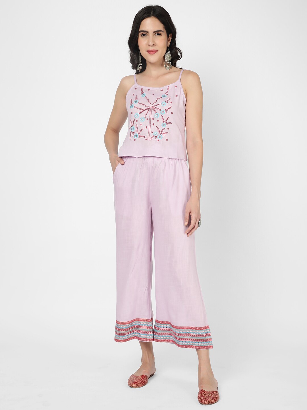 

R&B Floral Embroidered Tunic With Palazzos, Purple