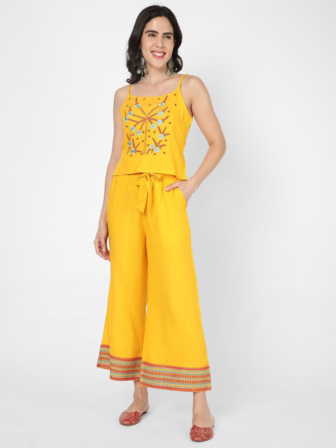 

R&B Women Embroidered Shoulder Straps Top With Palazzos, Yellow