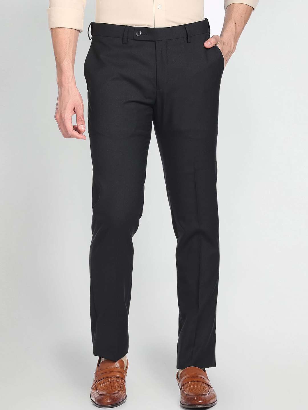 

Arrow Men Mid-Rise Solid Dobby Formal Trousers, Black