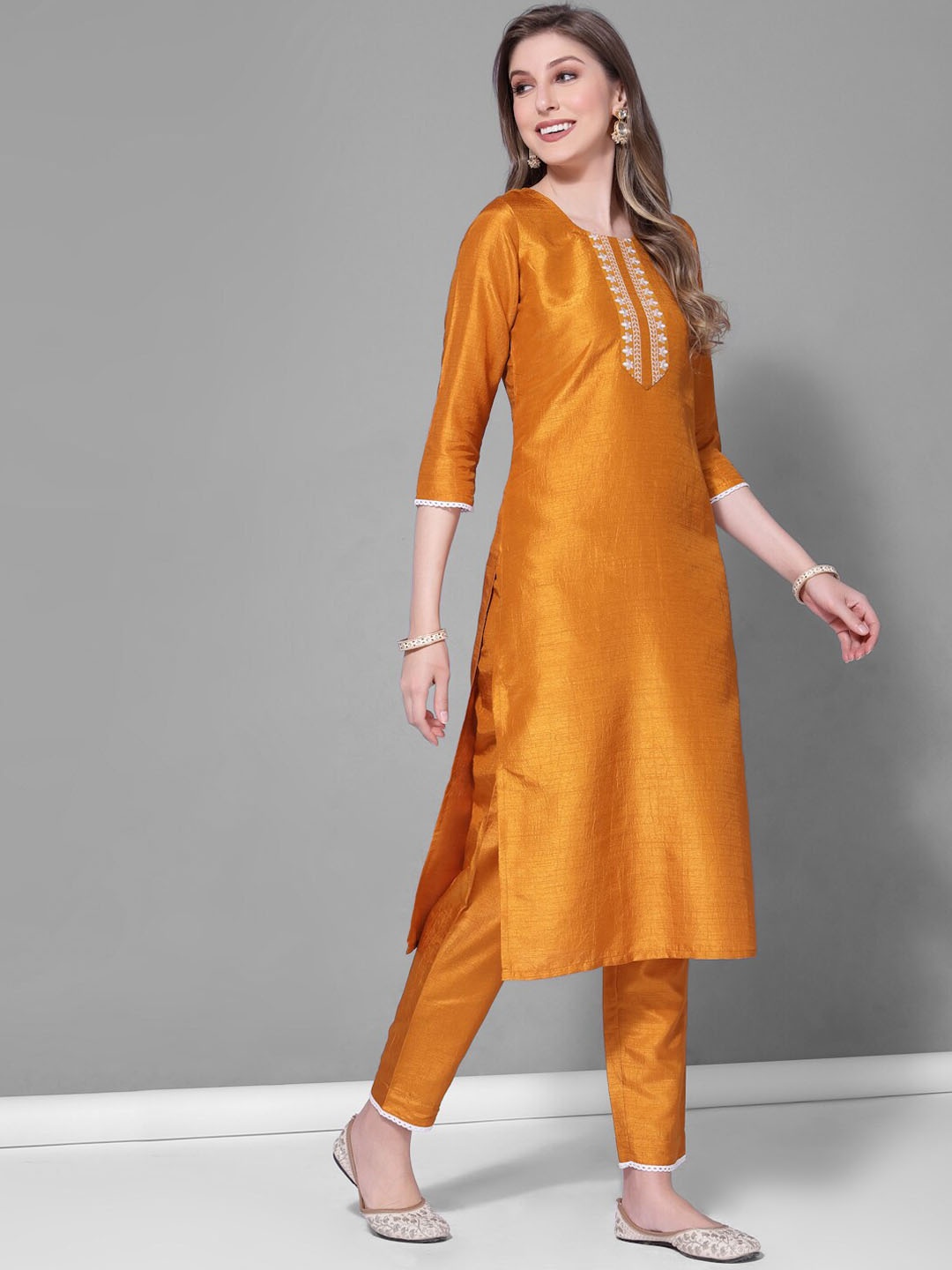 

SKYLEE Floral Yoke Design Regular Thread Work Kurta with Trousers, Mustard