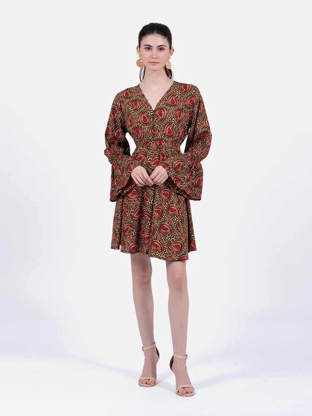 

Rmya Paisley Printed Bell Sleeves Gathered Fit & Flare Dress, Olive