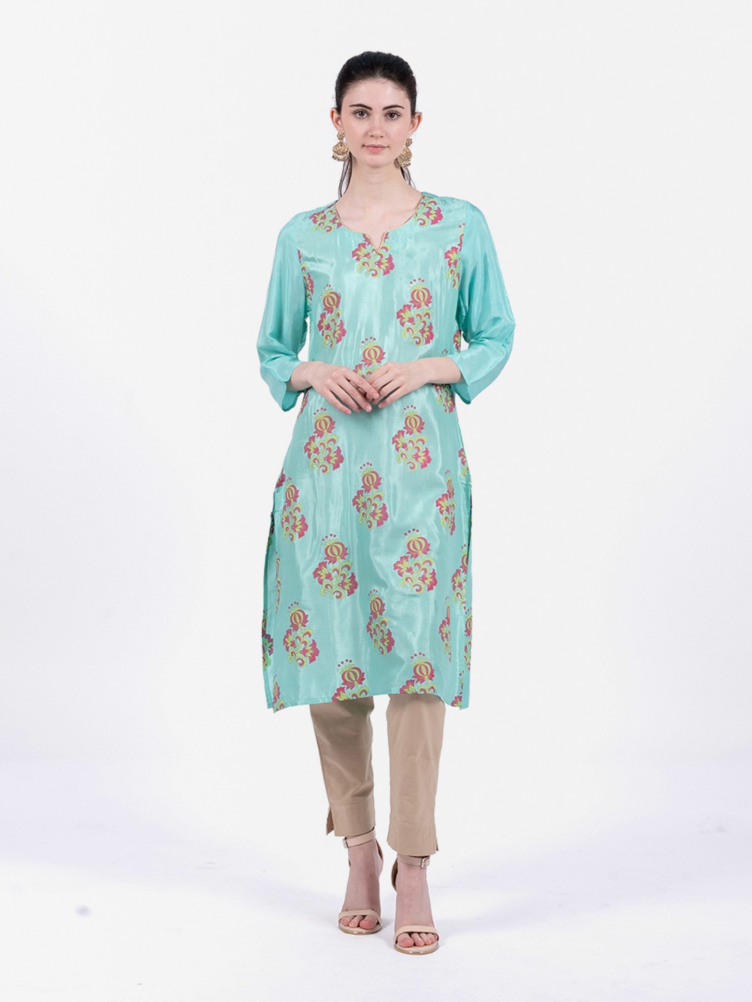 

Rmya Floral Embroidered Notched Neck Kurta, Turquoise blue