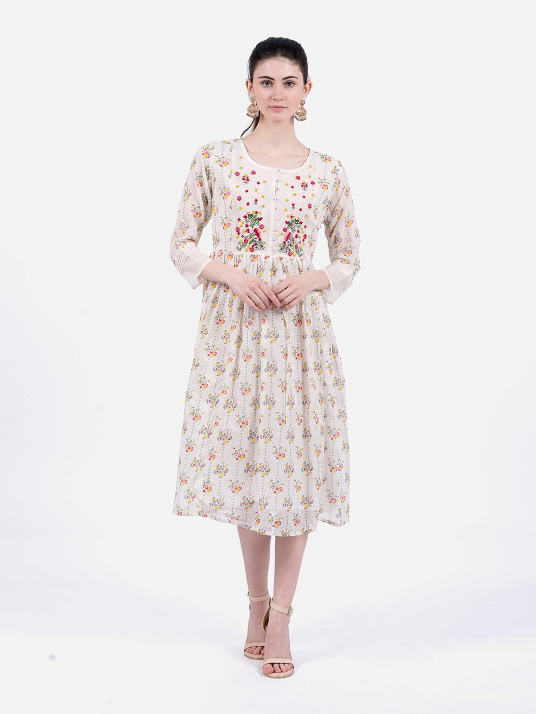 

Rmya Floral Printed Embroidered Fit & Flare Cotton Ethnic Dress, Off white