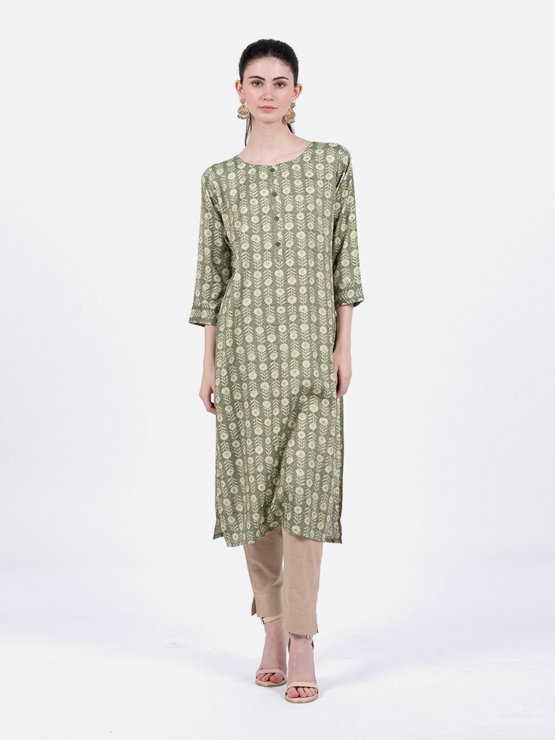 

Rmya Round Neck Ethnic Motifs Printed Sequinned Kurta, Olive