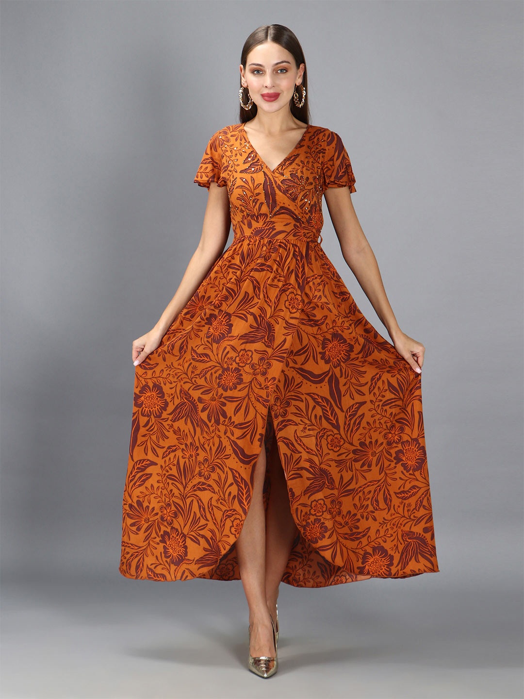 

DEBONATELLA Floral Printed Beaded Slit Sleeves A-Line Maxi Dress, Rust