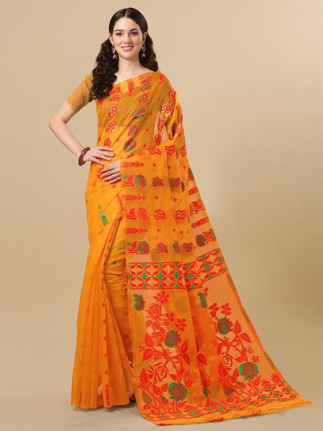 

Fashion Booms Floral Woven Design Pure Cotton Jamdani Saree, Orange