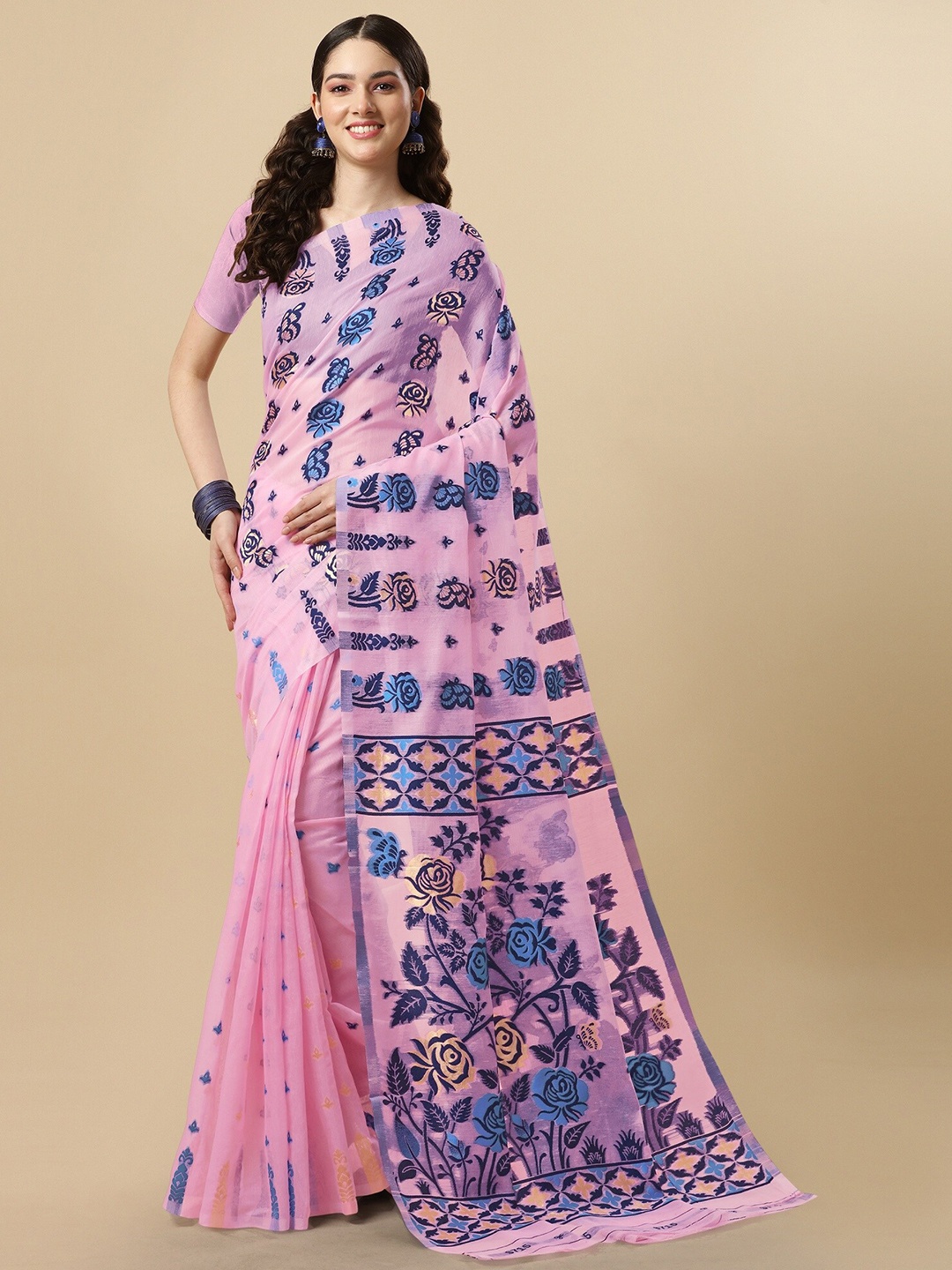 

Fashion Booms Floral Pure Cotton Jamdani Saree, Pink