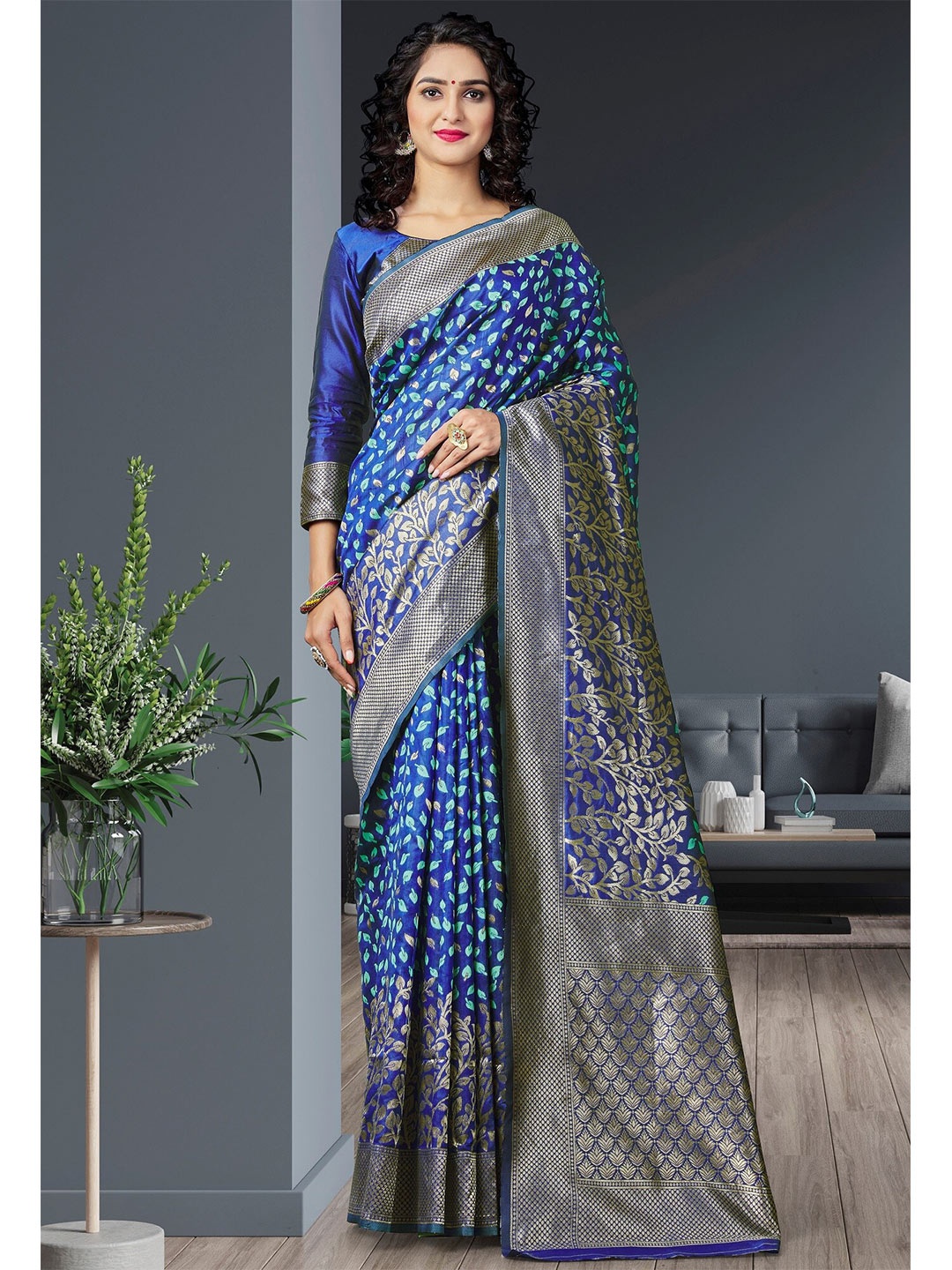 

Fashion Booms Ethnic Motifs Zari Pure Silk Banarasi Saree, Blue