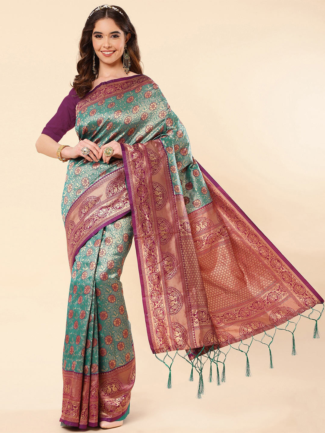 

Fashion Booms Floral Woven Design Zari Pure Silk Banarasi Saree, Sea green