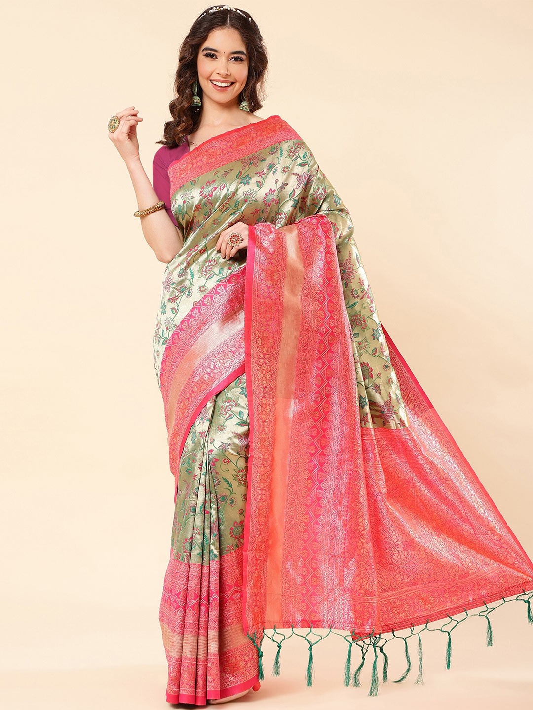 

Fashion Booms Floral Woven Design Zari Pure Silk Banarasi Saree, Coral