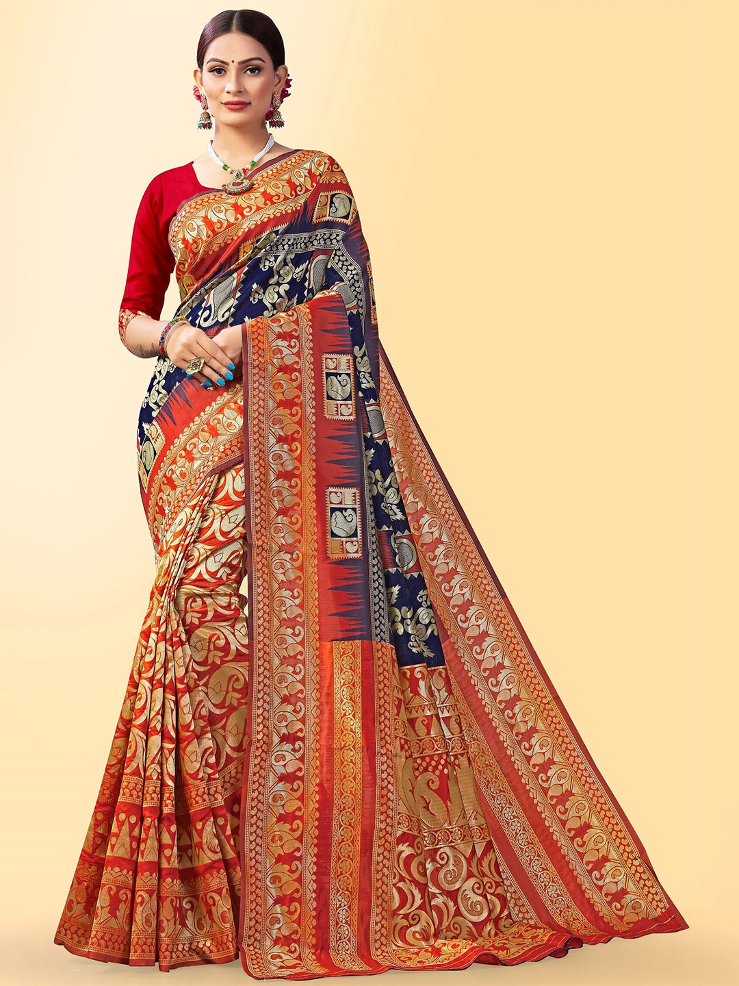 

Fashion Booms Ethnic Motif Zari Pure Silk Banarasi Saree, Orange