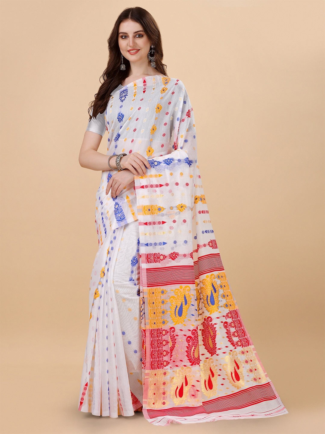 

Fashion Booms Ethnic Motifs Woven Design Pure Cotton Jamdani Saree, White