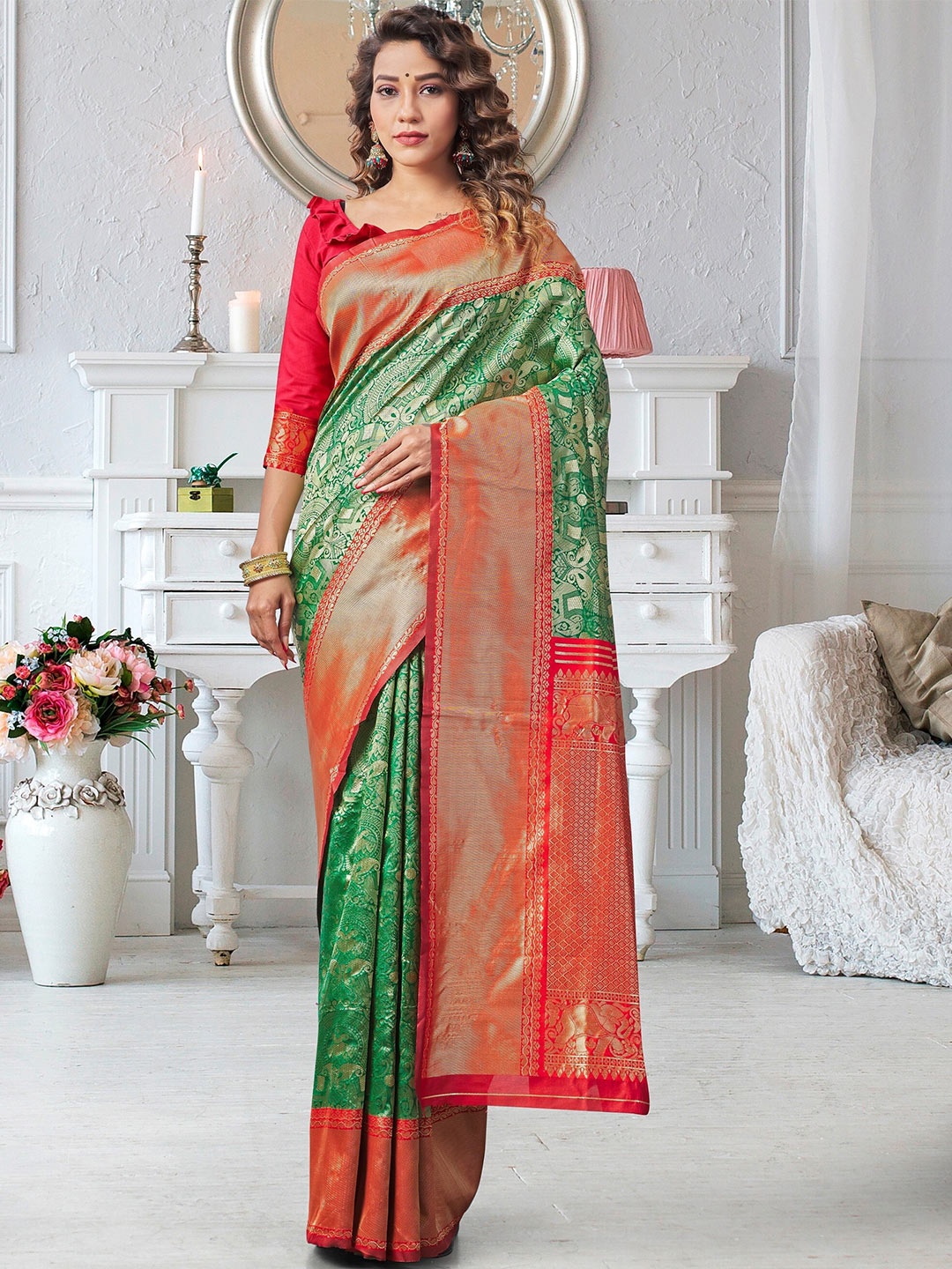 

Fashion Booms Ethnic Motif Zari Pure Silk Banarasi Saree, Green