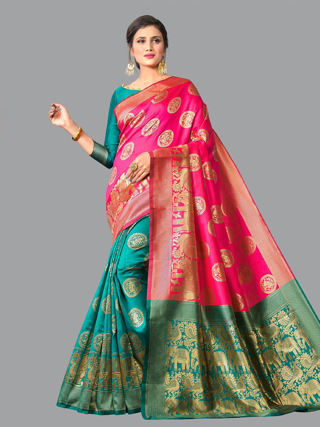 

Fashion Booms Ethnic Woven Design Zari Pure Silk Banarasi Half & Half Saree, Pink