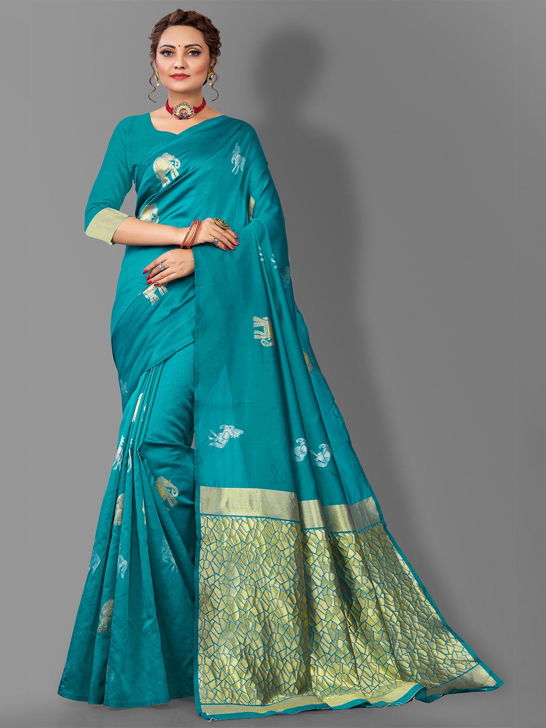 

Fashion Booms Ethnic Motifs Woven Design Zari Pure Silk Banarasi Saree, Blue
