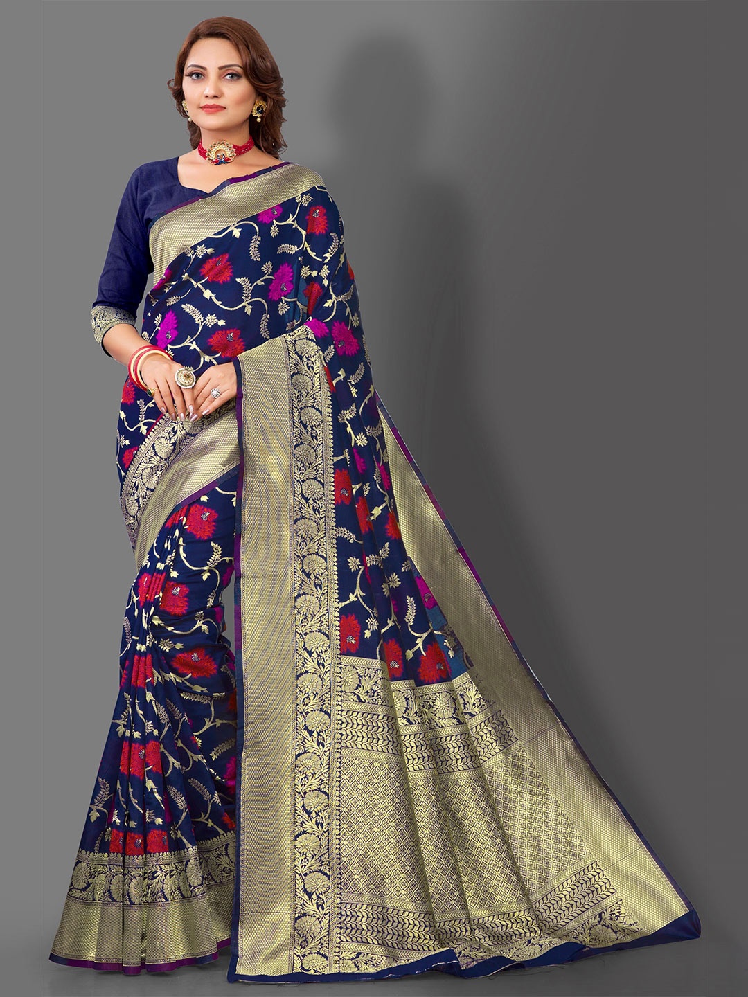 

Fashion Booms Floral Woven Design Zari Pure Silk Banarasi Saree, Navy blue