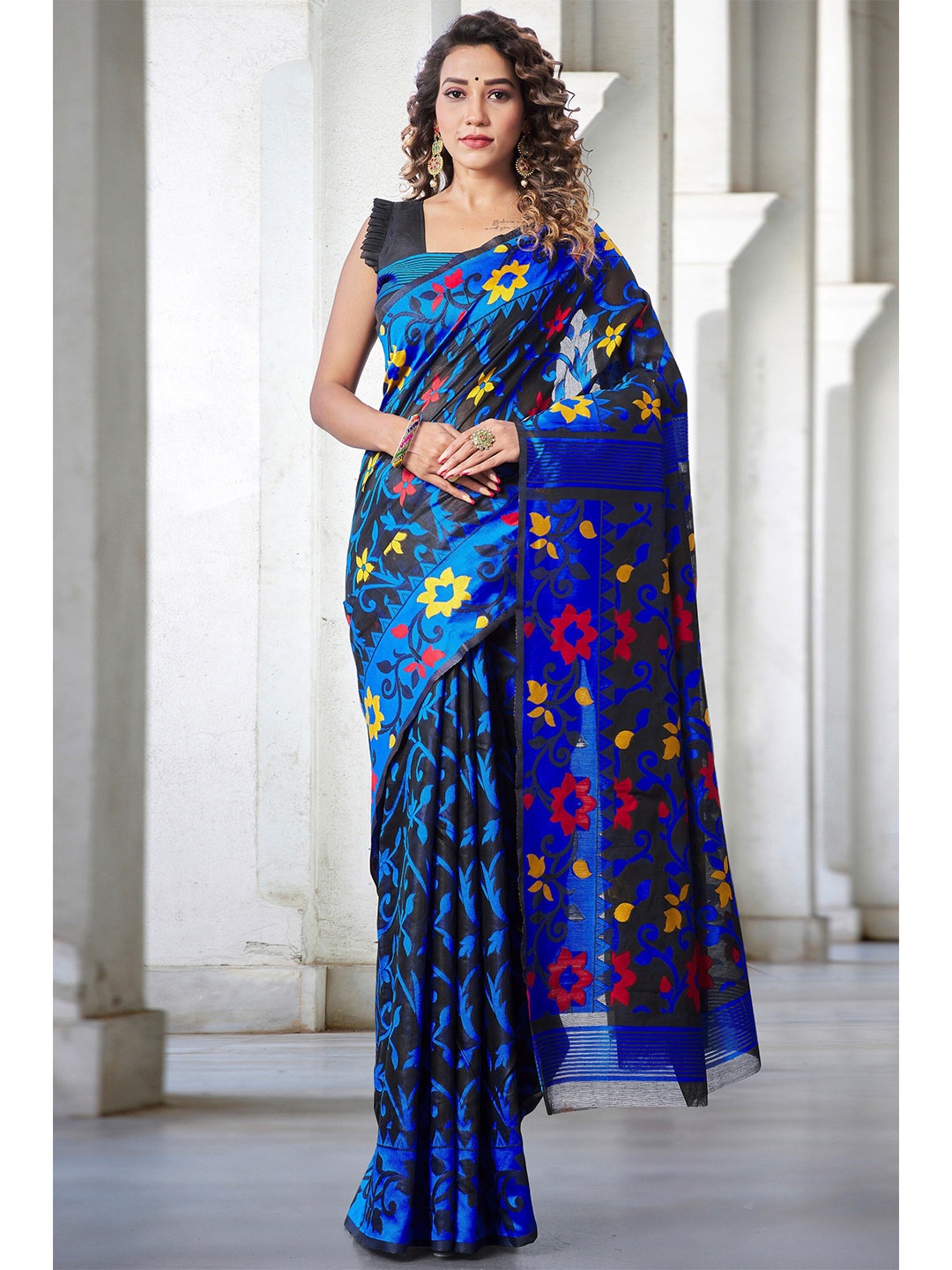 

Fashion Booms Floral Woven Design Pure Silk Jamdani Saree, Blue