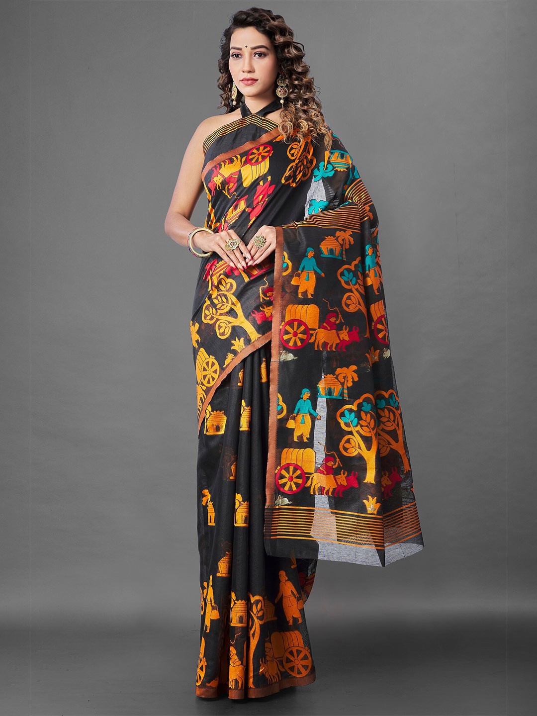 

Fashion Booms Ethnic Woven Design Zari Pure Silk Jamdani Saree, Black