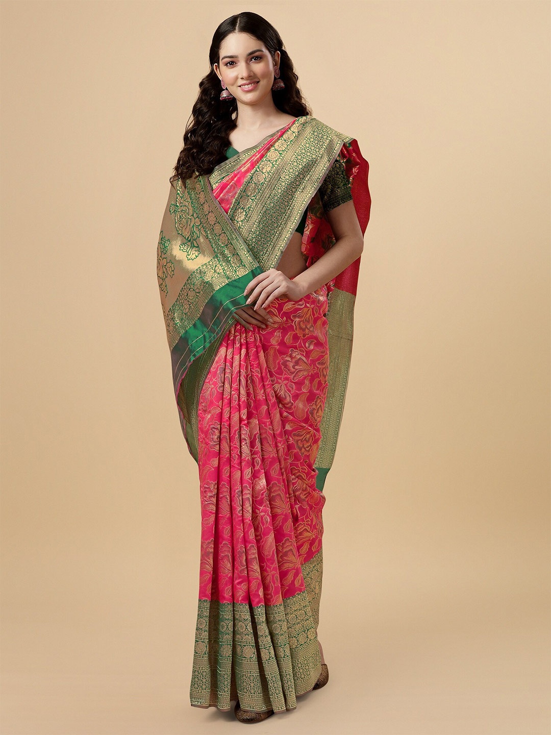 

Fashion Booms Floral Woven Design Zari Pure Silk Banarasi Saree, Pink