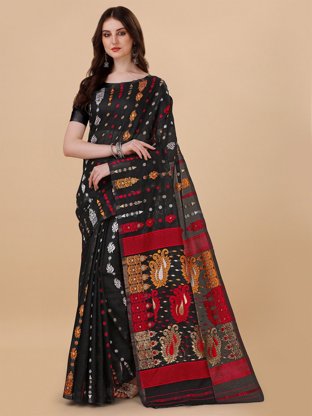 

Fashion Booms Ethnic Motif Woven Design Pure Cotton Jamdani Saree, Black