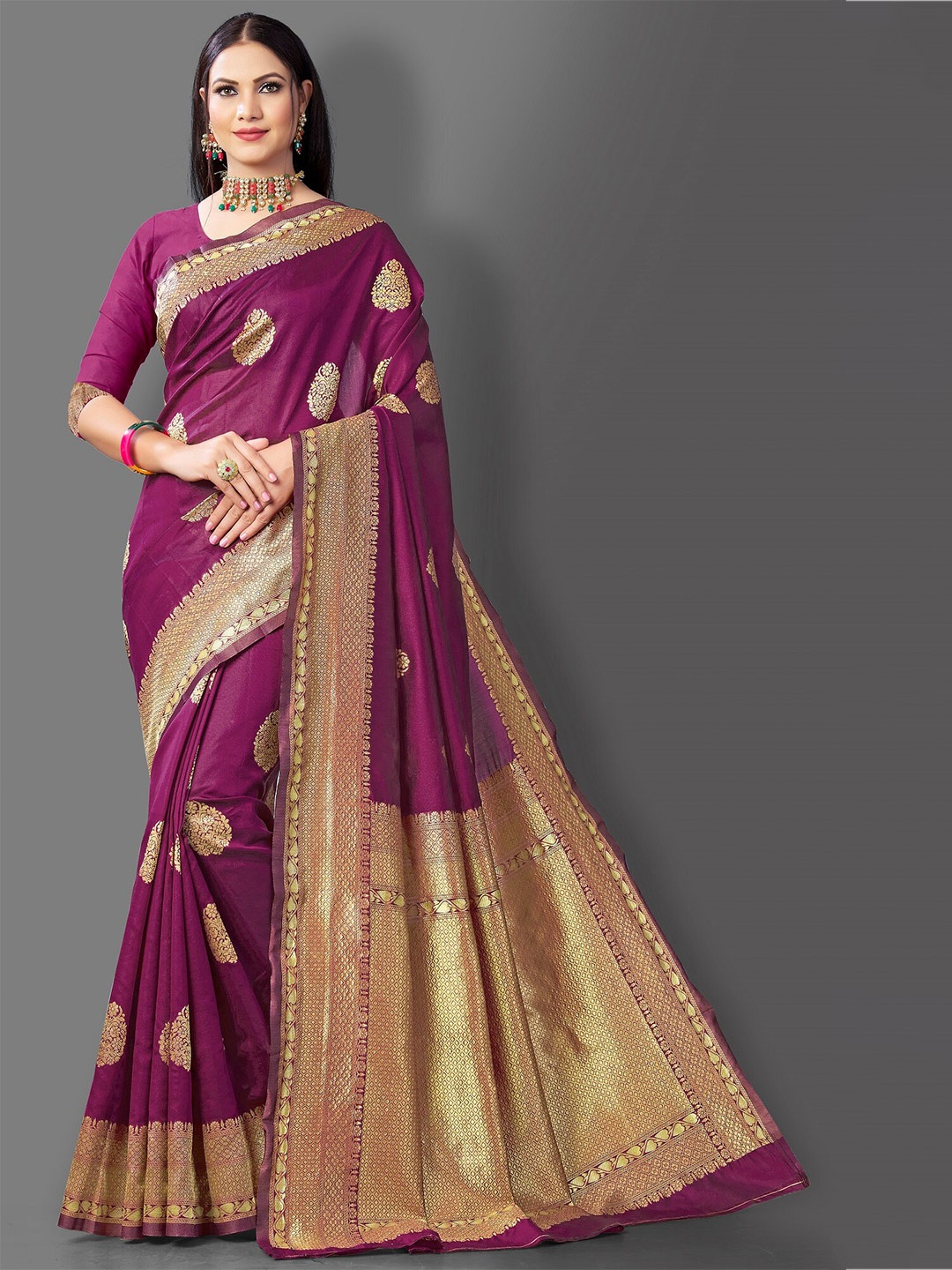 

Fashion Booms Paisley Woven Design Zari Pure Silk Banarasi Saree, Pink