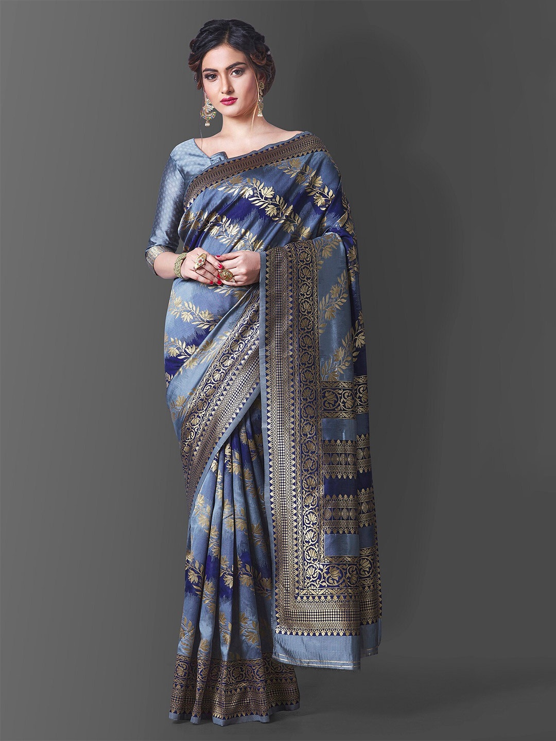 

Fashion Booms Floral Zari Pure Silk Banarasi Saree, Grey