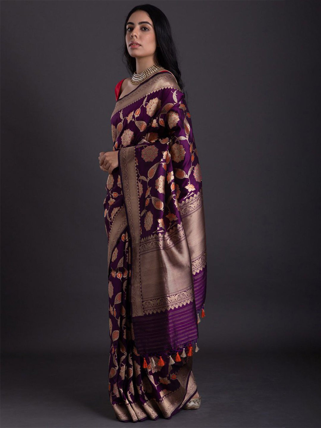 

Fashion Booms Floral Woven Design Zari Pure Silk Banarasi Saree, Purple