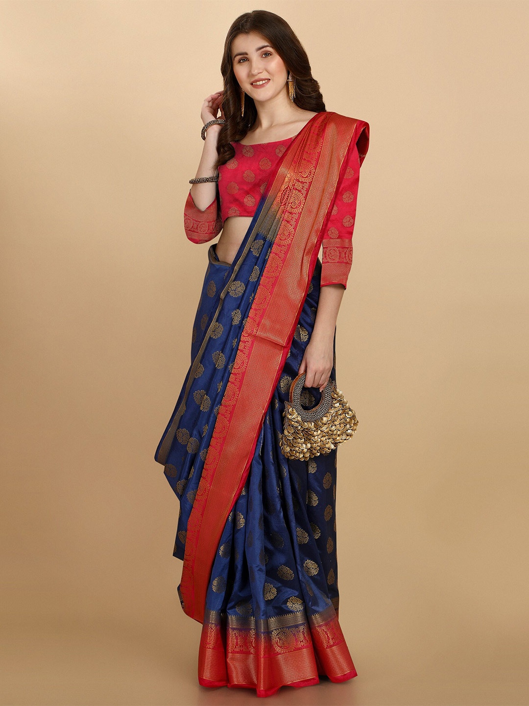 

Fashion Booms Ethnic Motifs Woven Design Zari Pure Silk Banarasi Saree, Navy blue