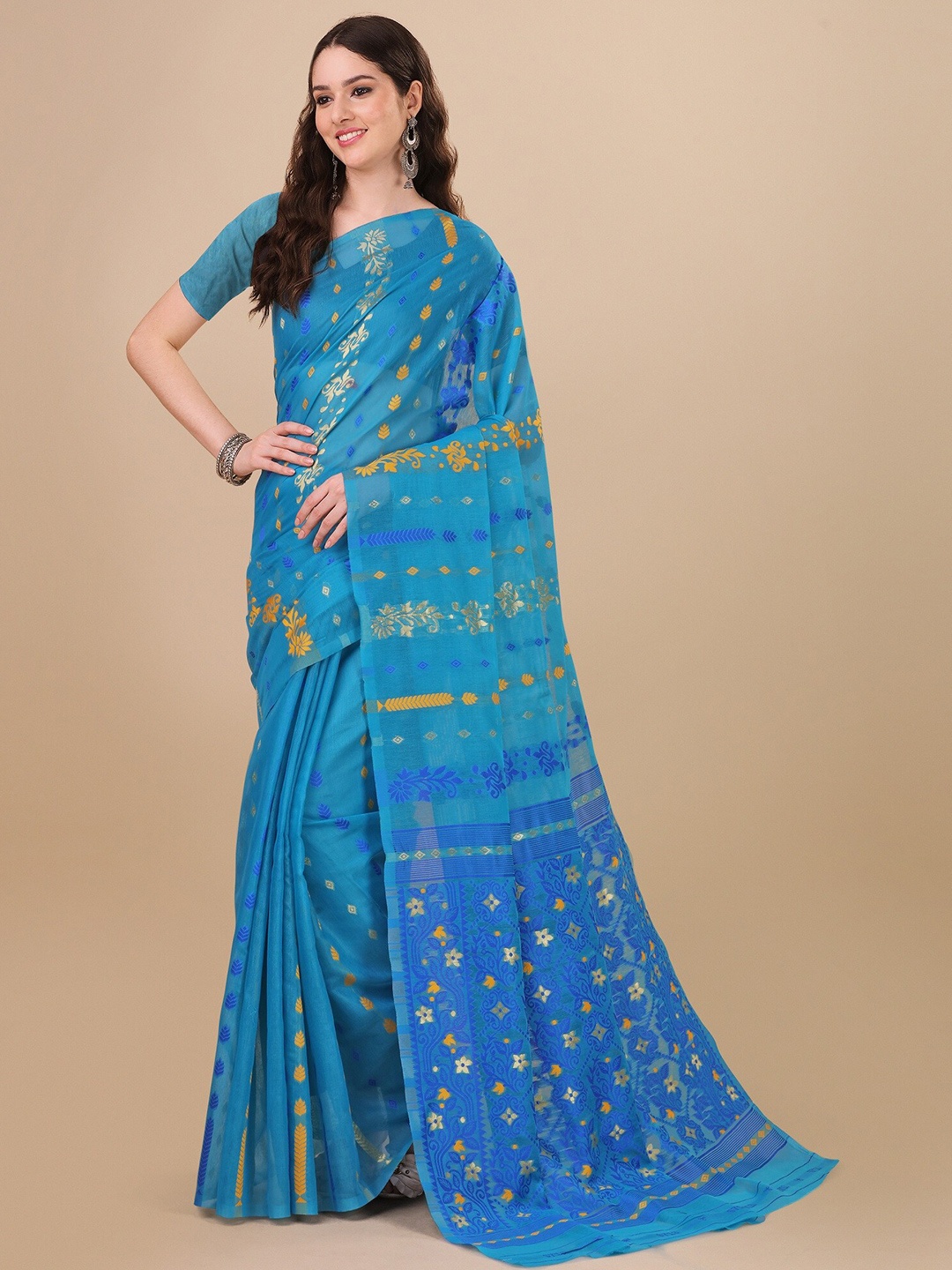 

Fashion Booms Ethnic Motif Woven Design Pure Cotton Jamdani Saree, Blue