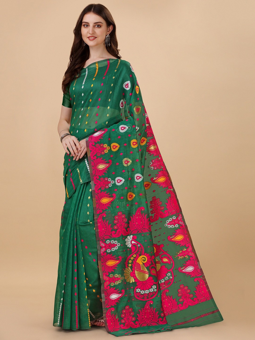 

Fashion Booms Ethnic Motifs Woven Design Pure Cotton Jamdani Saree, Green