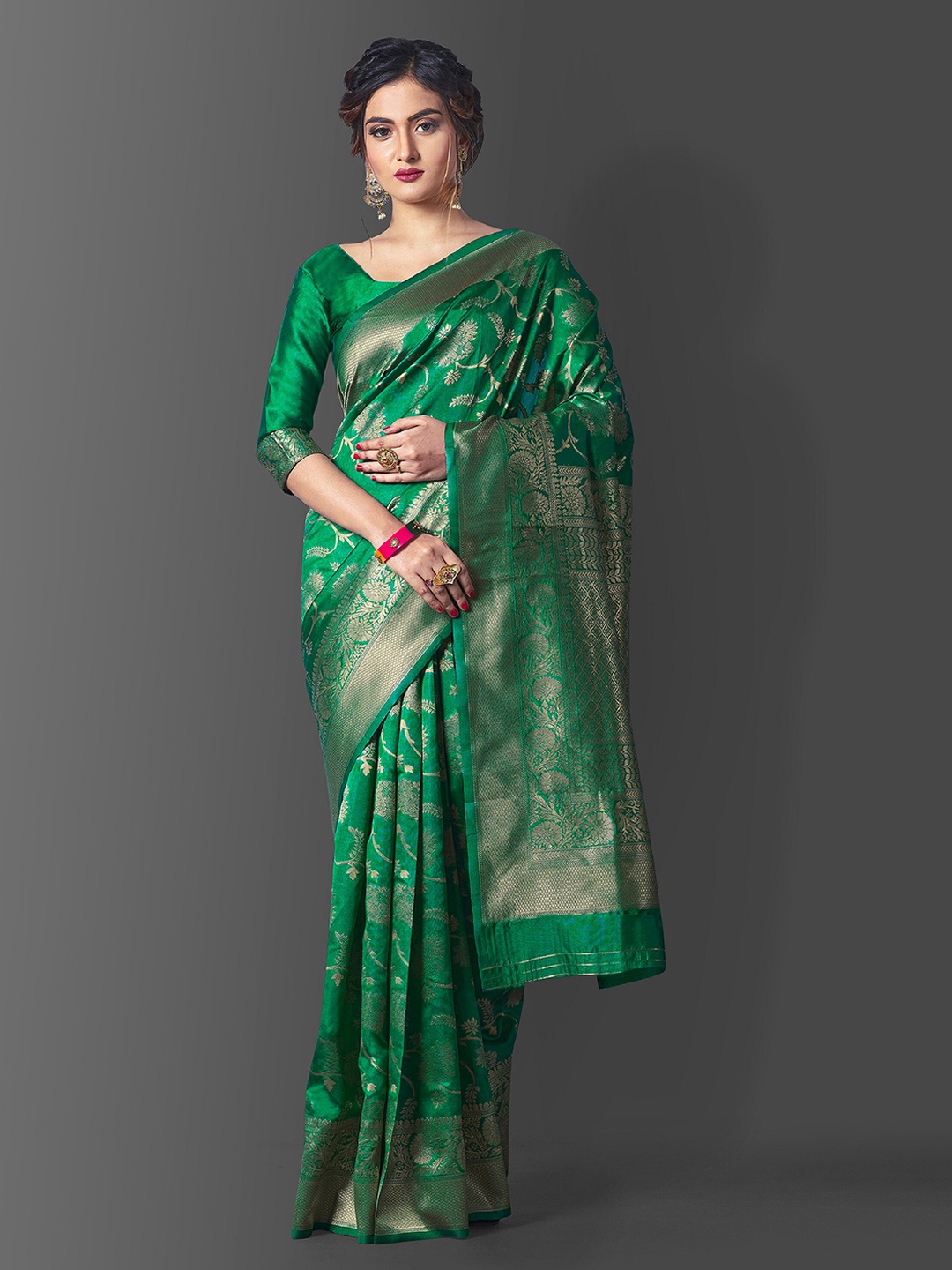 

Fashion Booms Ethnic Motif Woven Design Zari Pure Silk Banarasi Saree, Green