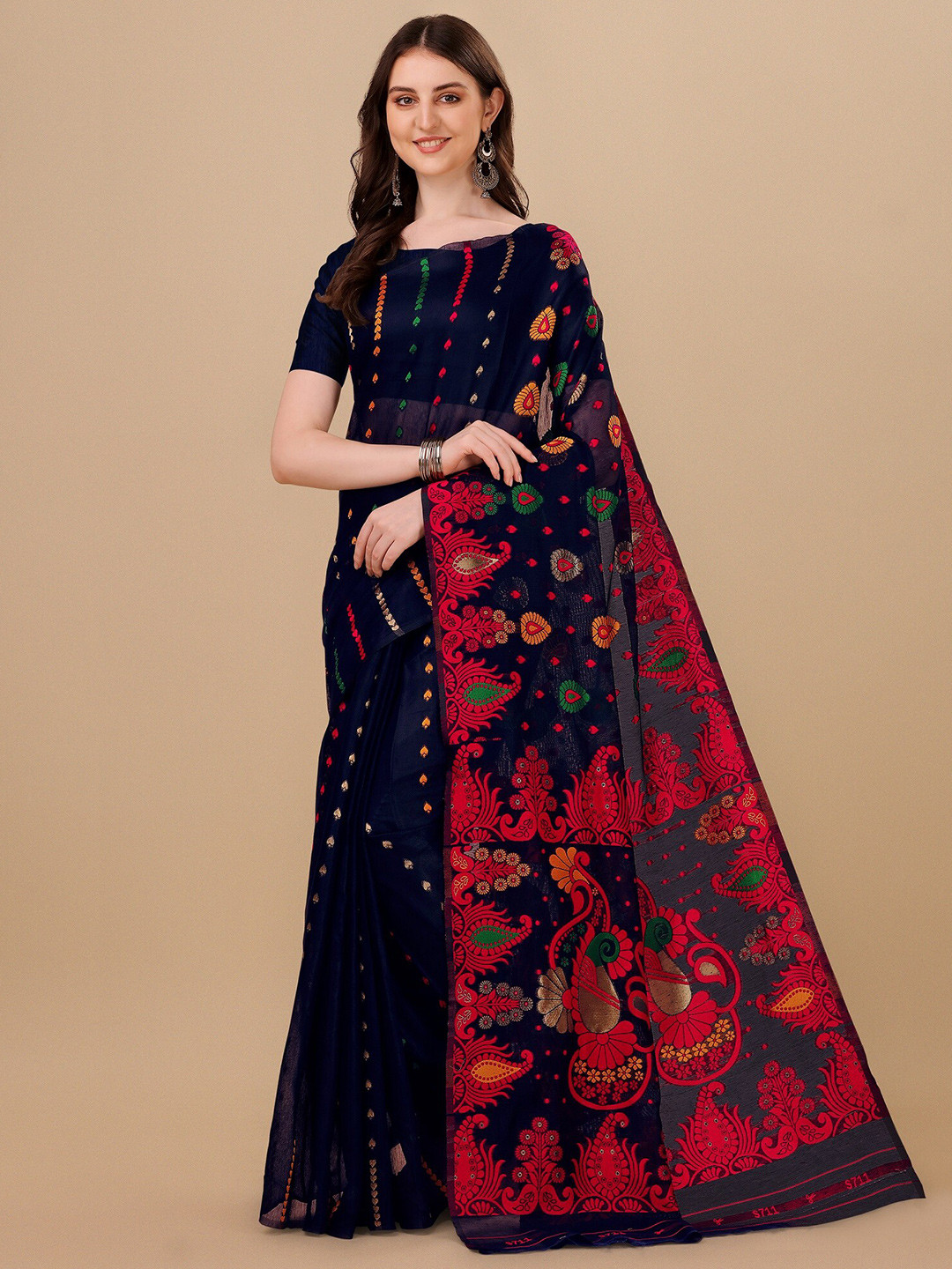 

Fashion Booms Ethnic Woven Design Pure Cotton Jamdani Saree, Navy blue