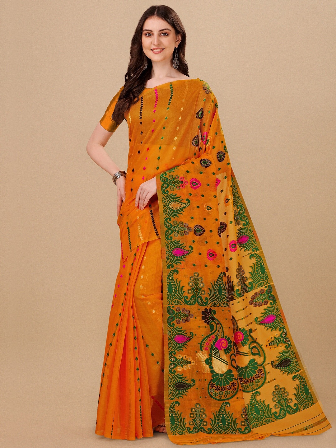 

Fashion Booms Ethnic Motif Pure Cotton Jamdani Saree, Orange