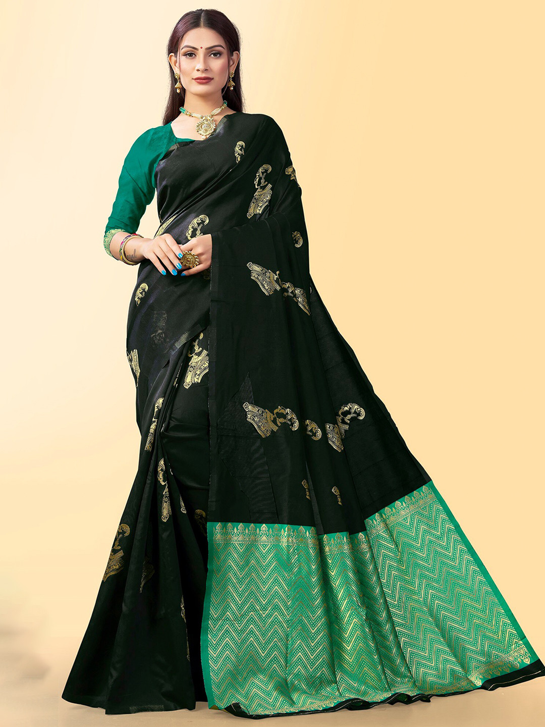 

Fashion Booms Ethnic Motif Woven Design Zari Pure Silk Banarasi Saree, Black