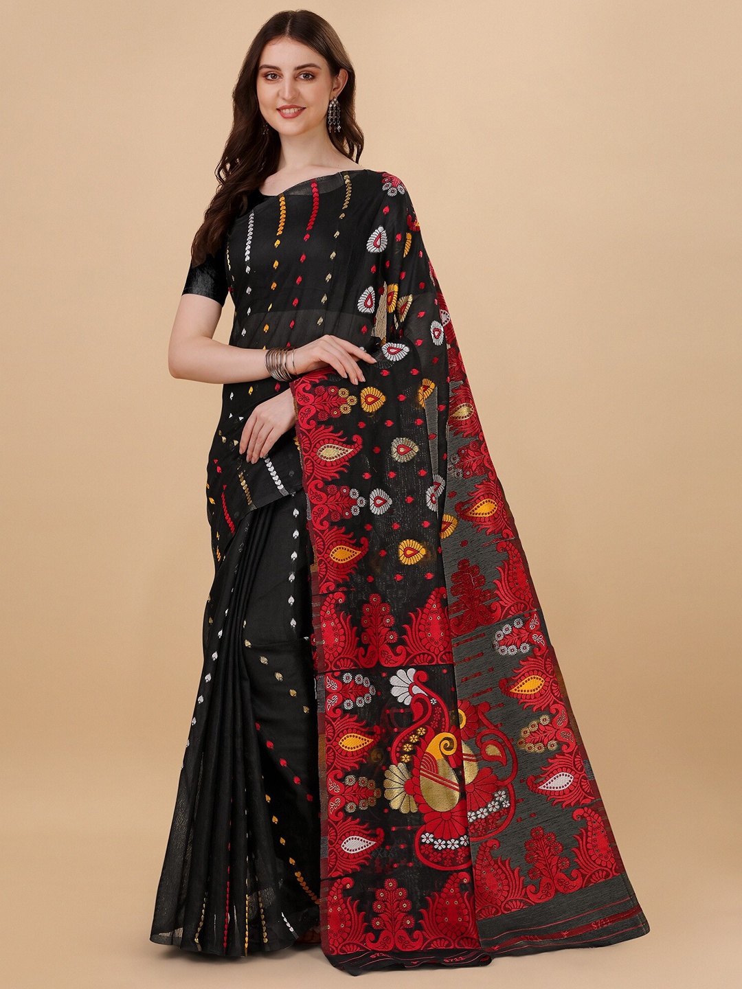 

Fashion Booms Ethnic Motif Zari Pure Cotton Jamdani Saree, Black