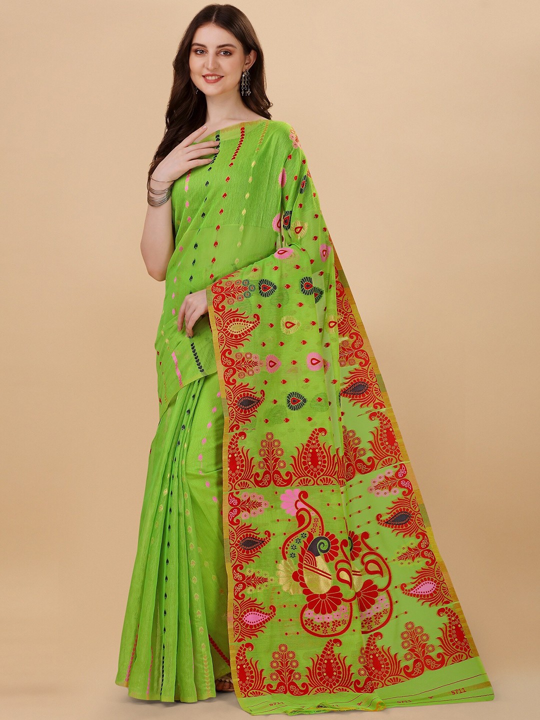 

Fashion Booms Ethnic Motif Woven Design Pure Cotton Jamdani Saree, Green