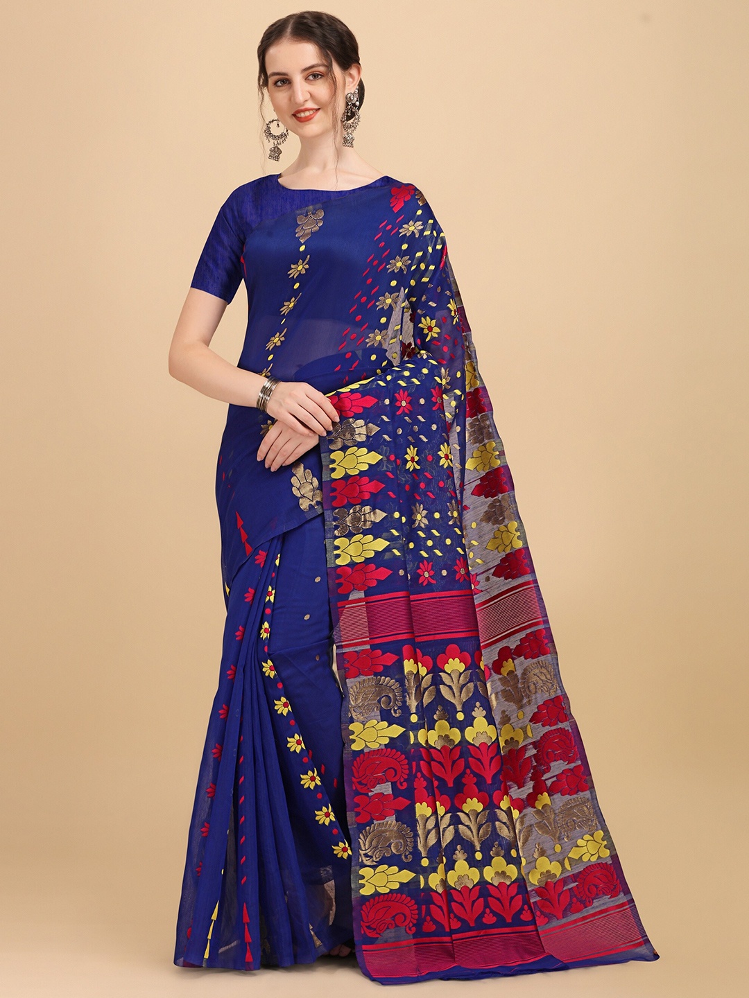 

Fashion Booms Ethnic Motif Zari Pure Cotton Jamdani Saree, Navy blue