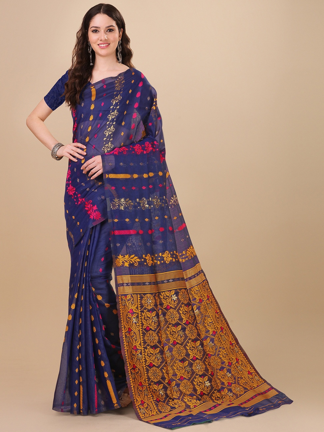 

Fashion Booms Floral Woven Design Pure Cotton Jamdani Saree, Navy blue