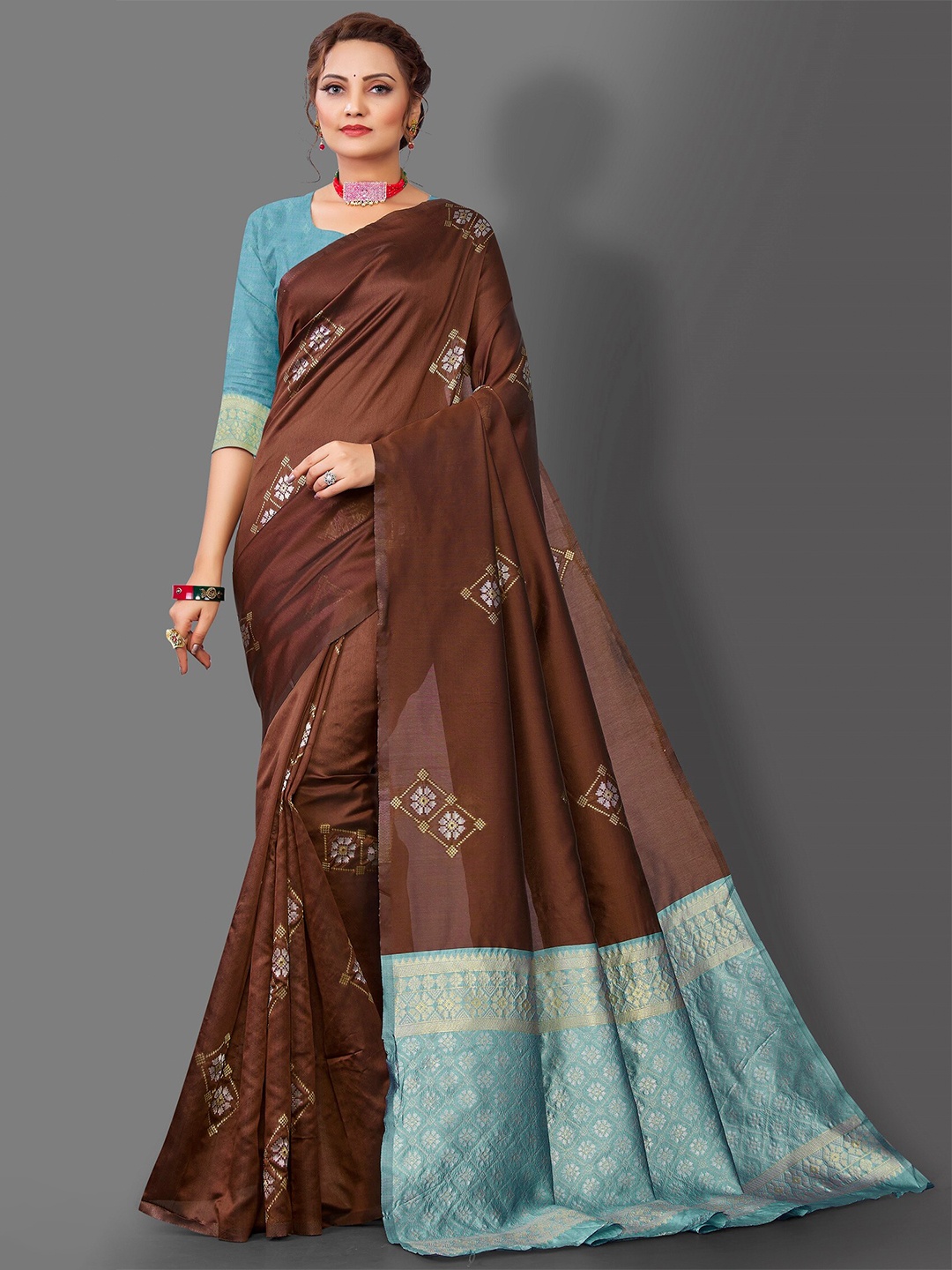 

Fashion Booms Ethnic Motif Woven Design Zari Pure Silk Banarasi Saree, Brown