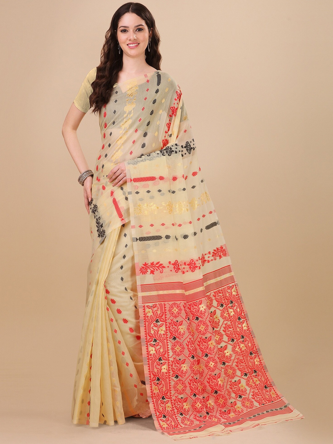 

Fashion Booms Floral Woven Design Zari Pure Cotton Jamdani Saree, Beige