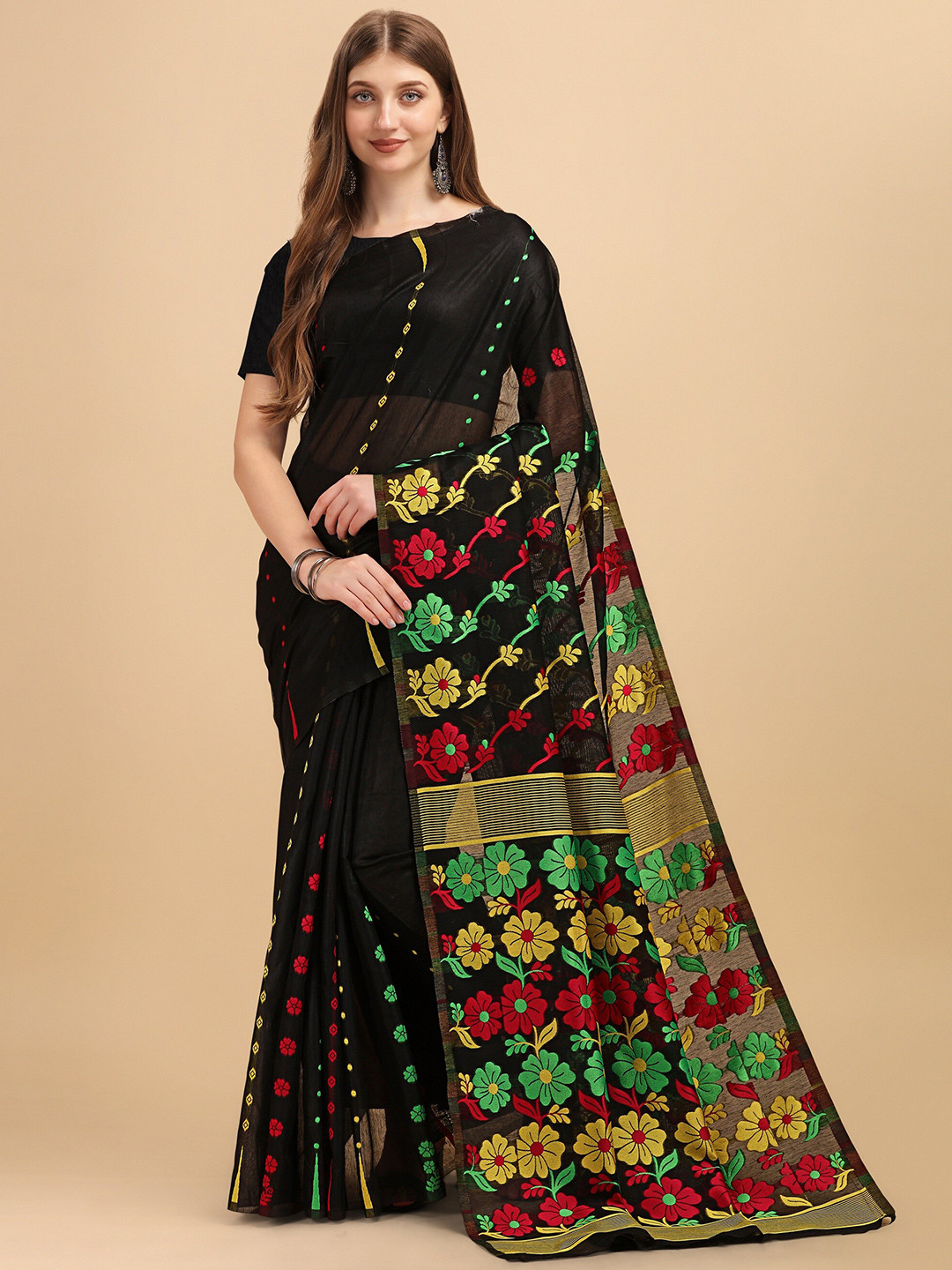 

Fashion Booms Floral Pure Cotton Jamdani Saree, Black