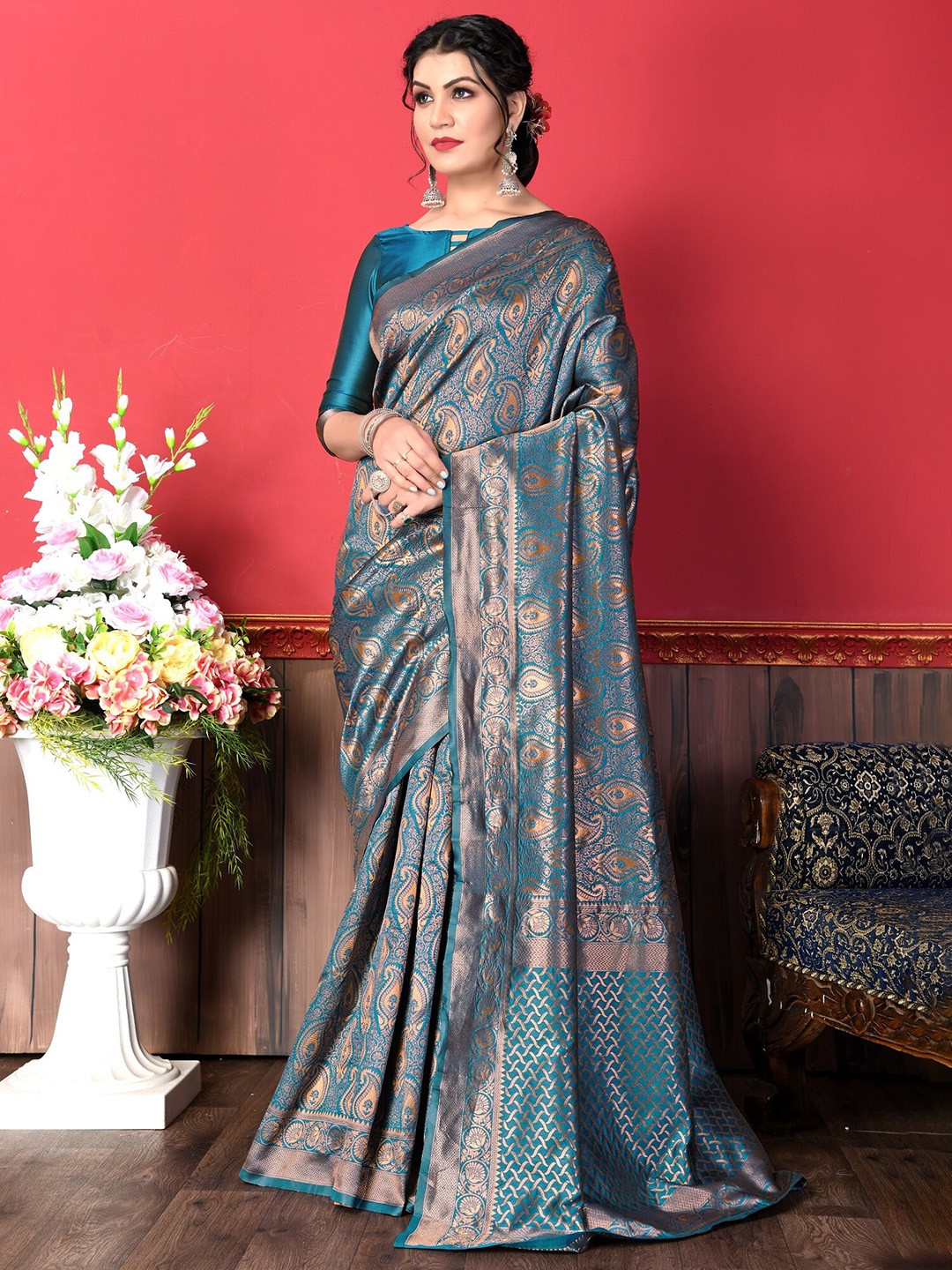

Fashion Booms Paisley Woven Design Zari Pure Silk Banarasi Saree, Blue