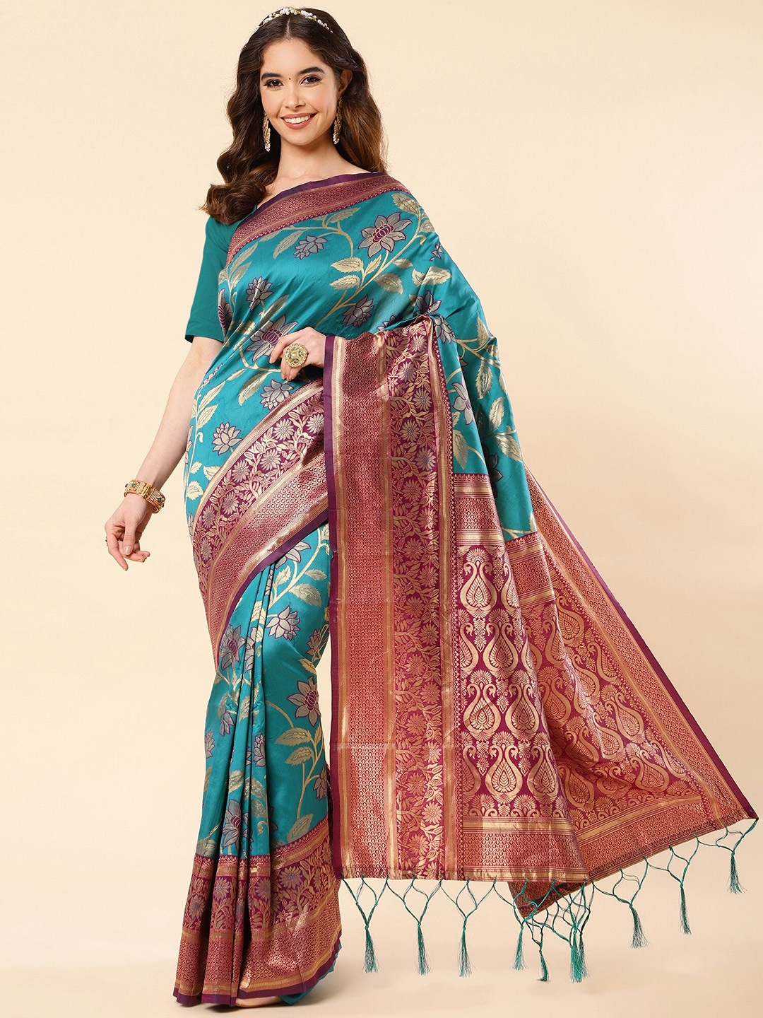 

Fashion Booms Floral Woven Design Zari Pure Silk Banarasi Saree, Blue