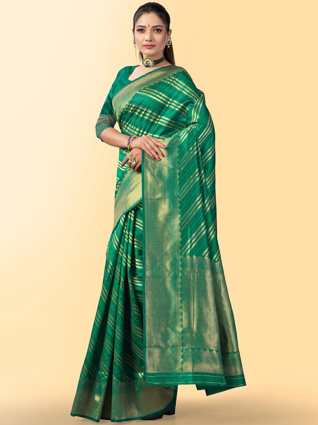 

Fashion Booms Striped Zari Pure Silk Banarasi Saree, Green