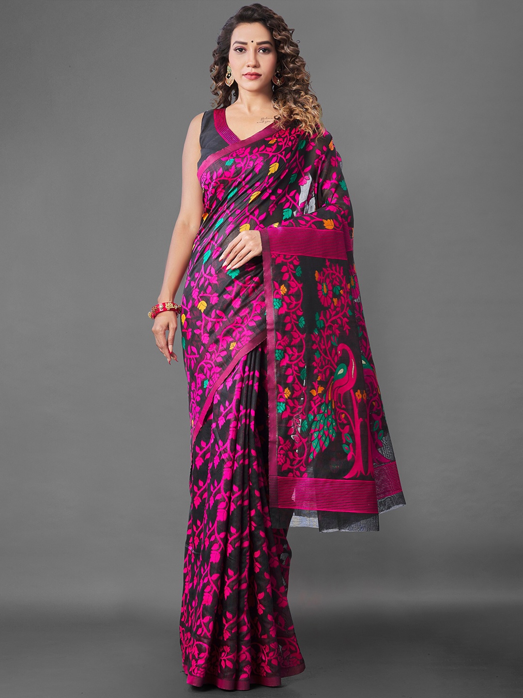 

Fashion Booms Floral Woven Design Pure Silk Jamdani Saree, Black